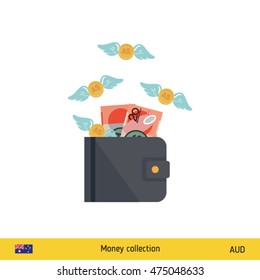 Wallet with money fly away. Australian Dollar banknote. Business concept vector illustration.