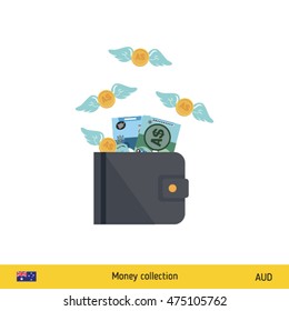 Wallet with money fly away. Australian Dollar banknote. Business concept vector illustration.