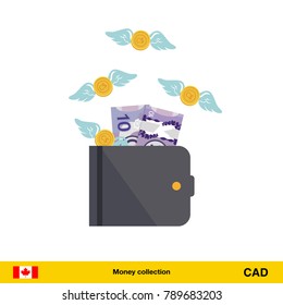 Wallet with money fly away. Canadian dollar banknote. Business concept vector illustration.