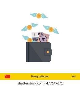 Wallet with money fly away. Chinese Yuan banknote. Business concept vector illustration.