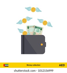 Wallet with money fly away. Dirham banknote. Business concept vector illustration.