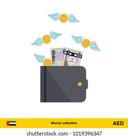 Wallet with money fly away. Dirham banknote. Business concept vector illustration.