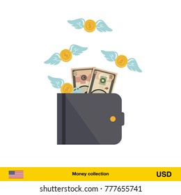 Wallet with money fly away. Dollar banknote. Business concept vector illustration.