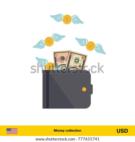 Wallet with money fly away. Dollar banknote. Business concept vector illustration.