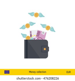 Wallet with money fly away. Euro banknote. Business concept vector illustration.