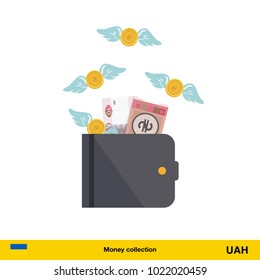 Wallet with money fly away.  hryvnia banknote. Business concept vector illustration.