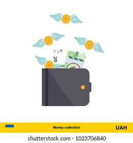 Wallet with money fly away.  hryvnia banknote. Business concept vector illustration.