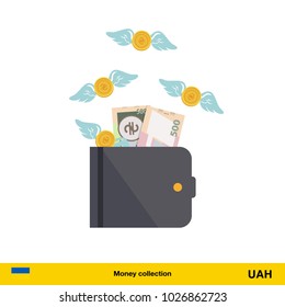 Wallet with money fly away. Hryvnia banknote. Business concept vector illustration.