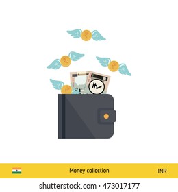 Wallet with money fly away. Indian Rupee banknote. Business concept vector illustration.