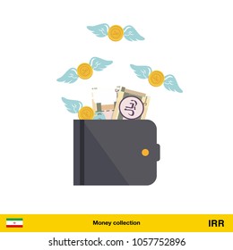 Wallet with money fly away. Iranian rial banknote. Business concept vector illustration.


