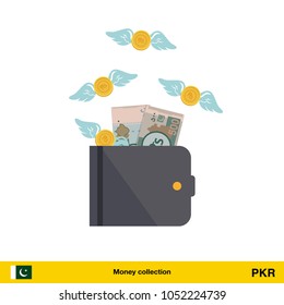 Wallet with money fly away. Pakistan rupee banknote. Business concept vector illustration.

