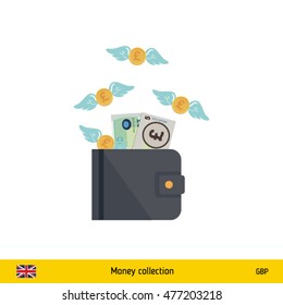 Wallet with money fly away. Pound banknote. Business concept vector illustration.