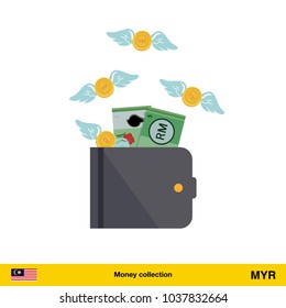 Wallet with money fly away. Ringgit banknote. Business concept vector illustration.