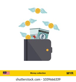 Wallet with money fly away.  Ringgit banknote. Business concept vector illustration.