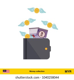Wallet with money fly away.  Ringgit banknote. Business concept vector illustration.