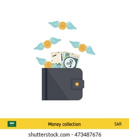 Wallet with money fly away. Saudi Arabian riyal banknote. Business concept vector illustration.