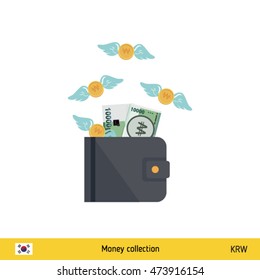 Wallet with money fly away. South Korean won banknote. Business concept vector illustration.