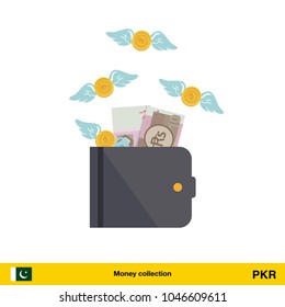 Wallet with money fly away. Thai baht banknote. Business concept vector illustration.