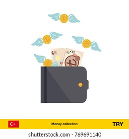 Wallet with money fly away. turkey lira  banknote. Business concept vector illustration.
