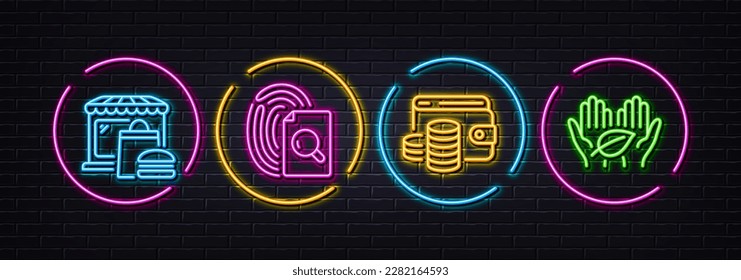 Wallet money, Food market and Inspect minimal line icons. Neon laser 3d lights. Fair trade icons. For web, application, printing. Coins, Burger restaurant, Search document. Safe nature. Vector