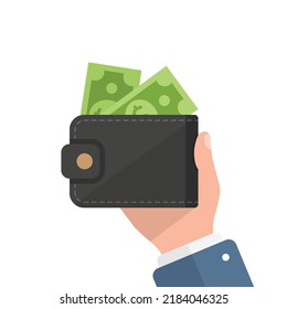 Wallet with money in hand illustration in flat style. Online payment vector illustration on isolated background. Cash and purse sign business concept.