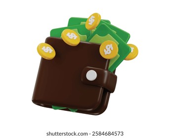 Wallet with money icon 3d render concept of Money wallet with paper dollars and gold coins finance icon vector illustration