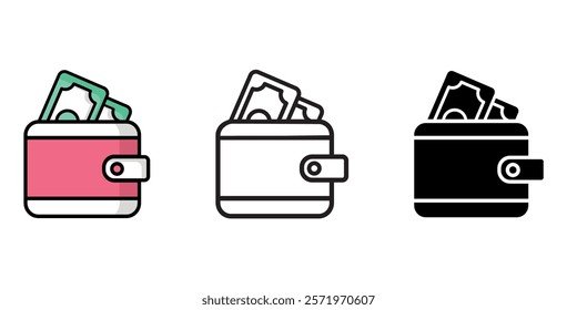 Wallet with money icon. Billfold color symbol. Crypto currency wallet sign. Cash savings pictogram. Purse with dollars illustration.