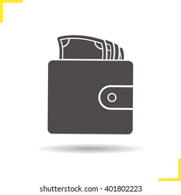 Wallet with money icon. Drop shadow silhouette symbol. Men's purse with cash. Vector isolated illustration