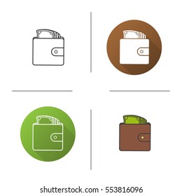 Wallet with money icon. Flat design, linear and color styles. Purse full of cash. Isolated vector illustrations
