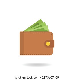 Cartera con icono de dinero en estilo plano. Ilustración del vector de pago en línea sobre fondo aislado. Concepto de negocio de firma de efectivo y bolso.