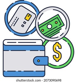 Wallet and money icon. Payment vector. Cash, plastic bank card and dollar sign with purse isolated on white background