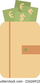Cartera con icono de dinero. Ilustración vectorial de la cartera plana en color verde y beige.