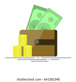 Wallet with money inside and coins in flat style. 
