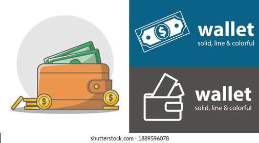 wallet with money isolated vector flat icon. business money line solid design element