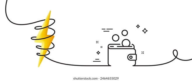 Icono de línea de dinero de cartera. Una línea continua con rizo. Signo de monedas en efectivo. Símbolo de ingresos empresariales. Monedero de dinero de un solo contorno de cinta. Curva de bucle con energía. Vector