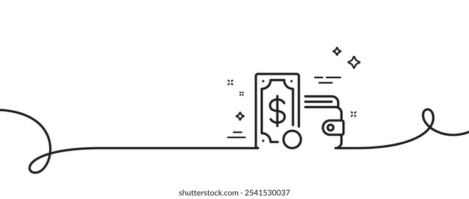 Ícone de linha de dinheiro da carteira. Uma linha contínua com curva. Sinal de moeda em dinheiro. Símbolo da nota de dólar. Faixa de opções de estrutura de tópicos única de dinheiro da carteira. Padrão de curva de loop. Vetor