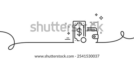 Wallet money line icon. Continuous one line with curl. Cash coin sign. Dollar banknote symbol. Wallet money single outline ribbon. Loop curve pattern. Vector