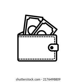 Cartera con ilustración vectorial de icono de línea de dinero