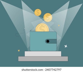 A wallet with money on a pedestal illuminated by spotlights. Financial success. Loan and deposit. Cash savings. Airbag. Vector illustration.