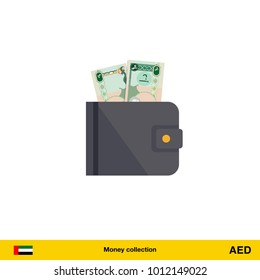 Wallet with money on white background. Dirham banknote. Business concept vector illustration.