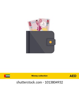 Wallet with money on white background. Dirham banknote. Business concept vector illustration.