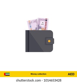 Wallet with money on white background. Dirham banknote. Business concept vector illustration.