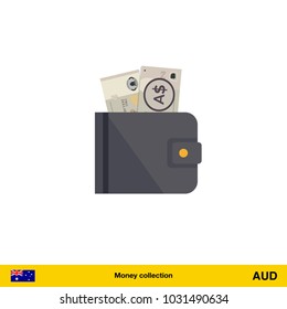 Wallet with money on white background.  Australian dollar banknote. Business concept vector illustration.