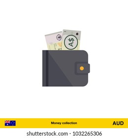 Wallet with money on white background. Australian dollar banknote. Business concept vector illustration.