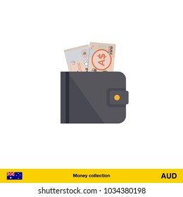 Wallet with money on white background.  Australian dollar banknote. Business concept vector illustration.