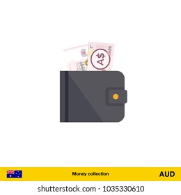 Wallet with money on white background.  Australian dollar banknote. Business concept vector illustration.