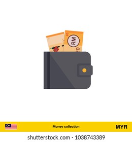 Wallet with money on white background.  Ringgit banknote. Business concept vector illustration.