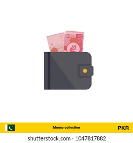 Wallet with money on white background. Pakistan rupee banknote. Business concept vector illustration.

