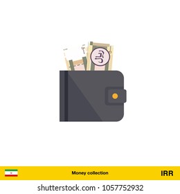 Wallet with money on white background. Iranian rial banknote. Business concept vector illustration.