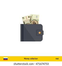 Wallet with money on white background. Russian Ruble banknote. Business concept vector illustration.